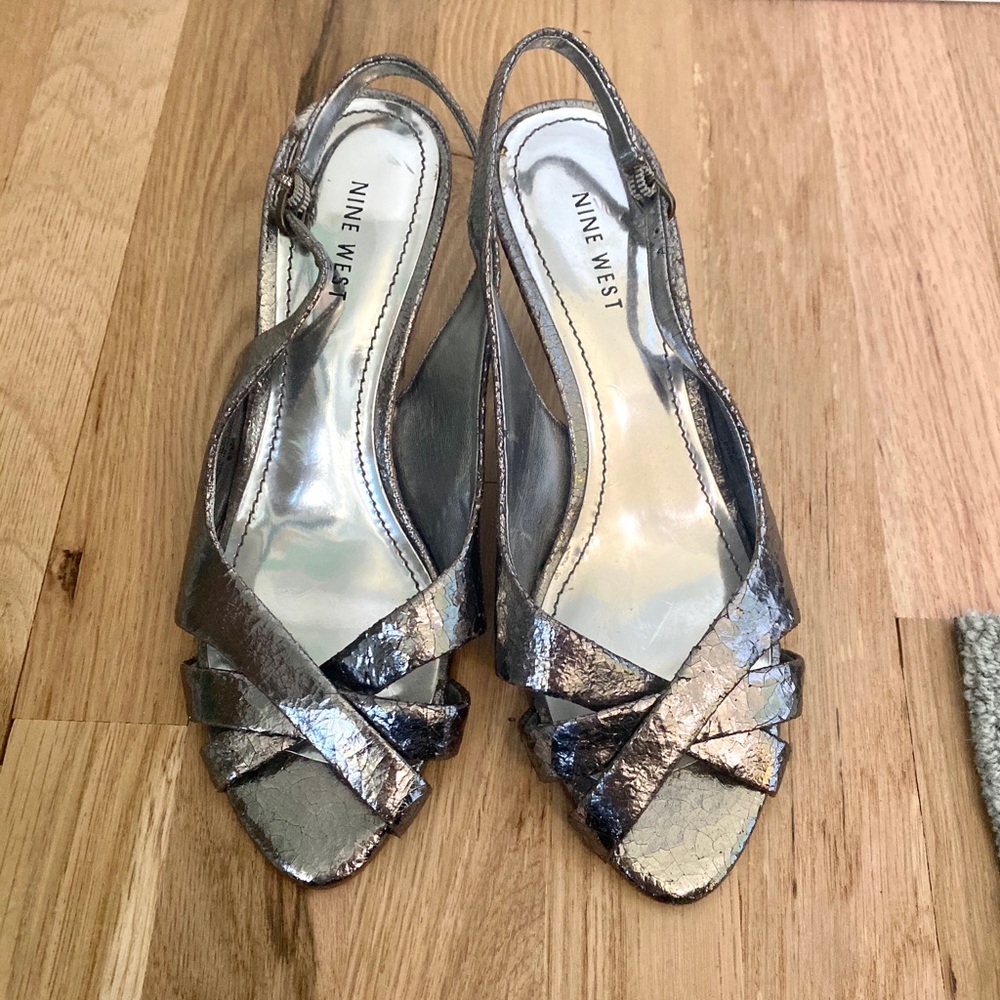 Silver metallic stiletto sling back sandal